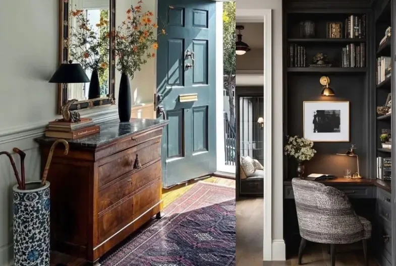 Nooks after — styled entry console with lamp and botanicals, and cozy dark study nook with brass sconce and artwork