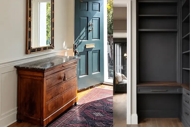 Nooks before — empty entry console area and bare built-in shelving nook