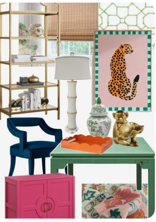 Chinoiserie playroom moodboard — bold color, gold shelving, and eclectic art