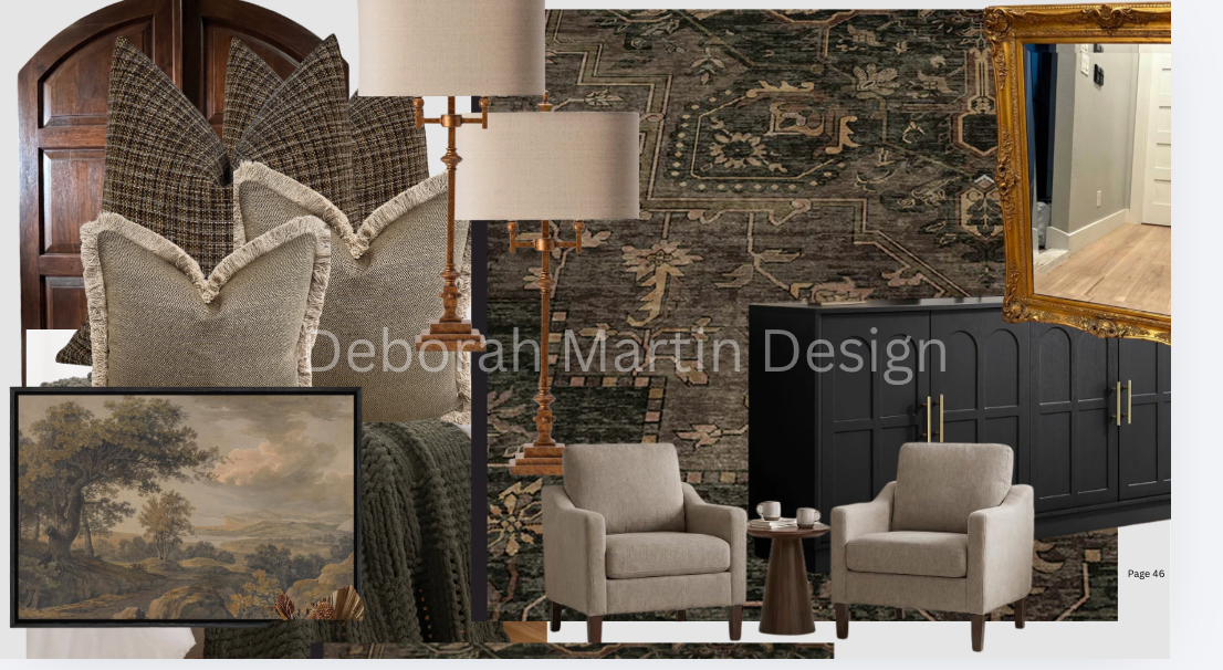 Dark neutral bedroom moodboard — layered textiles, Persian rug, and gold accents