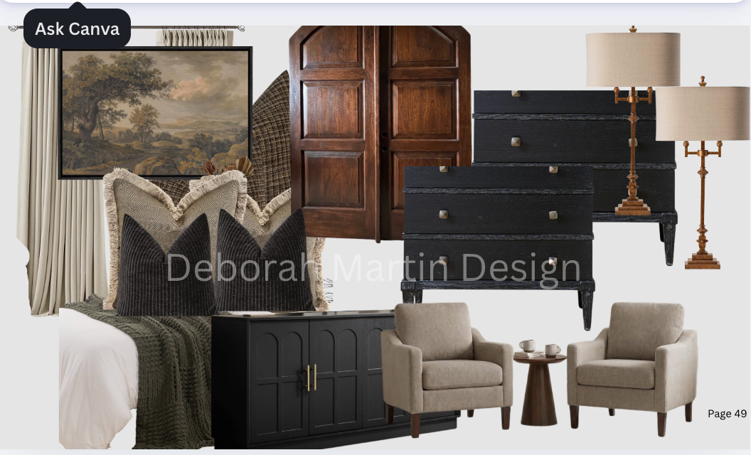 Dark wood bedroom moodboard — arched wardrobe, linen drapes, and vintage art