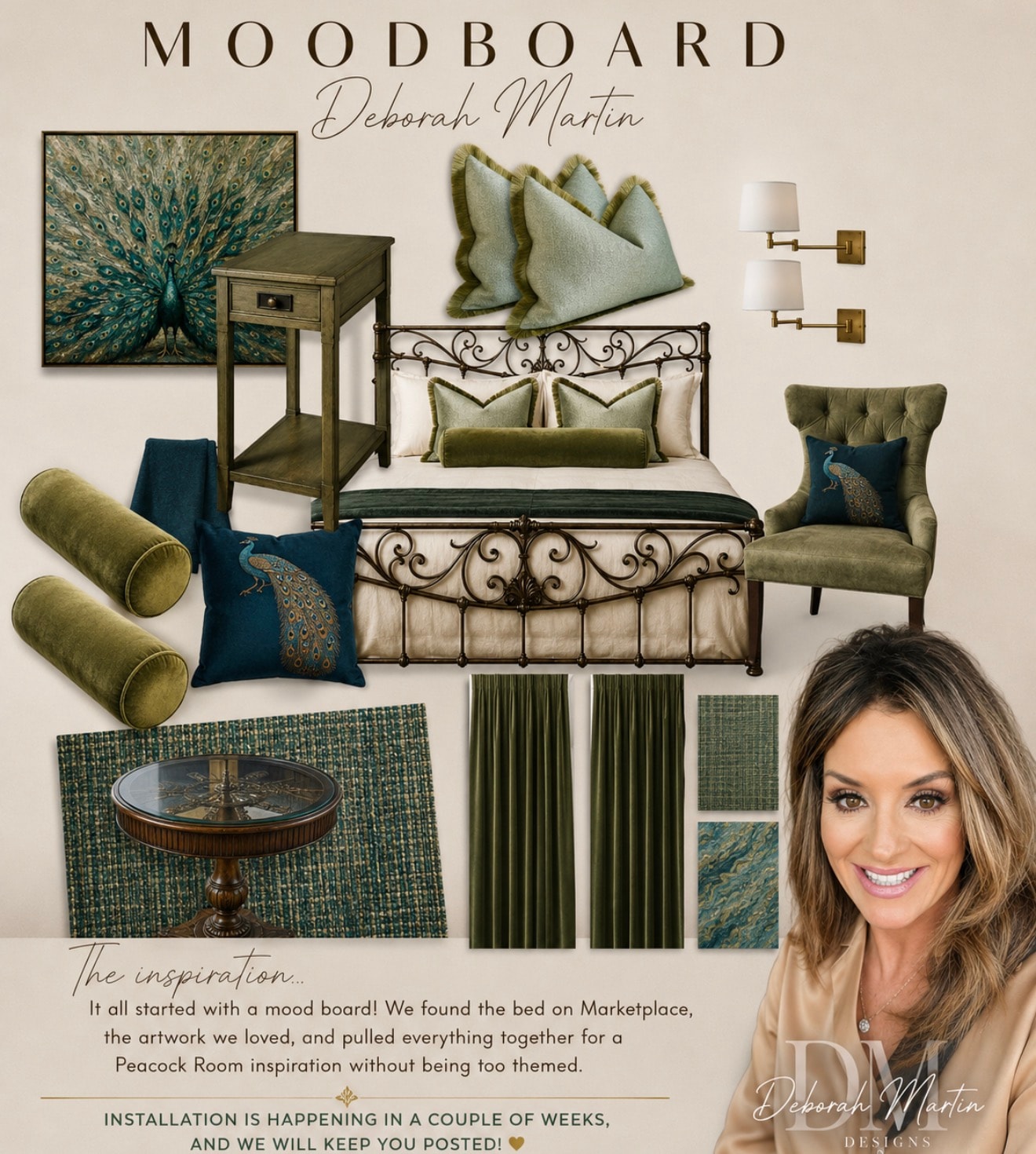 Peacock bedroom moodboard — jewel tones, iron bed, and velvet accents
