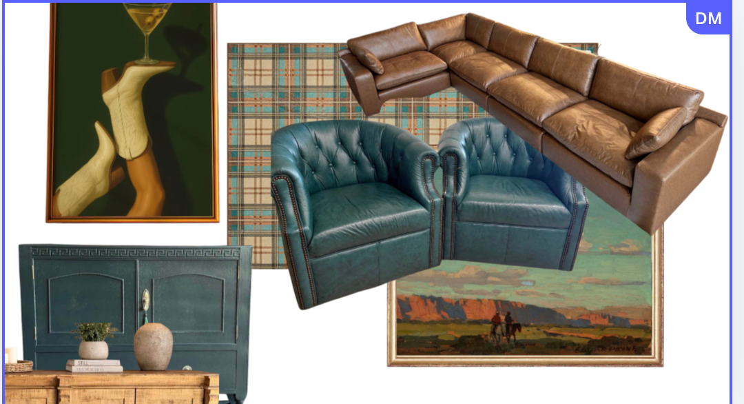 Western lounge moodboard — teal leather chairs, plaid wallpaper, and rustic art