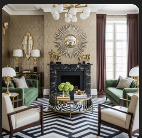 Art deco living room with gold sunburst mirror, black marble fireplace, and green velvet sofas