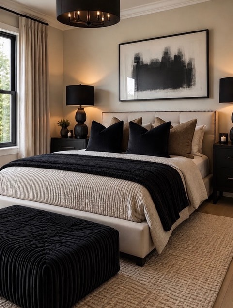 Sophisticated neutral bedroom with black velvet pillows, textured throw, tufted bench, and abstract art above an upholstered headboard