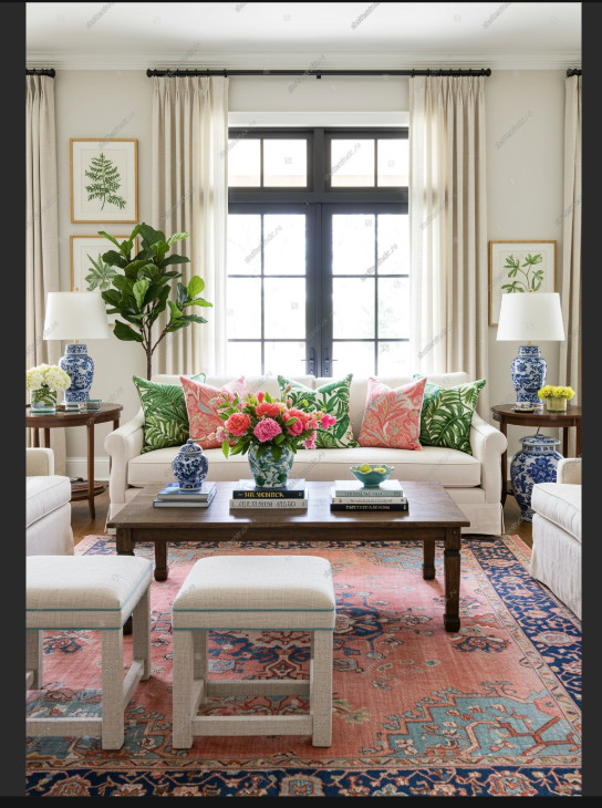 Bright living room with botanical prints, blue and white ginger jars, and coral rug