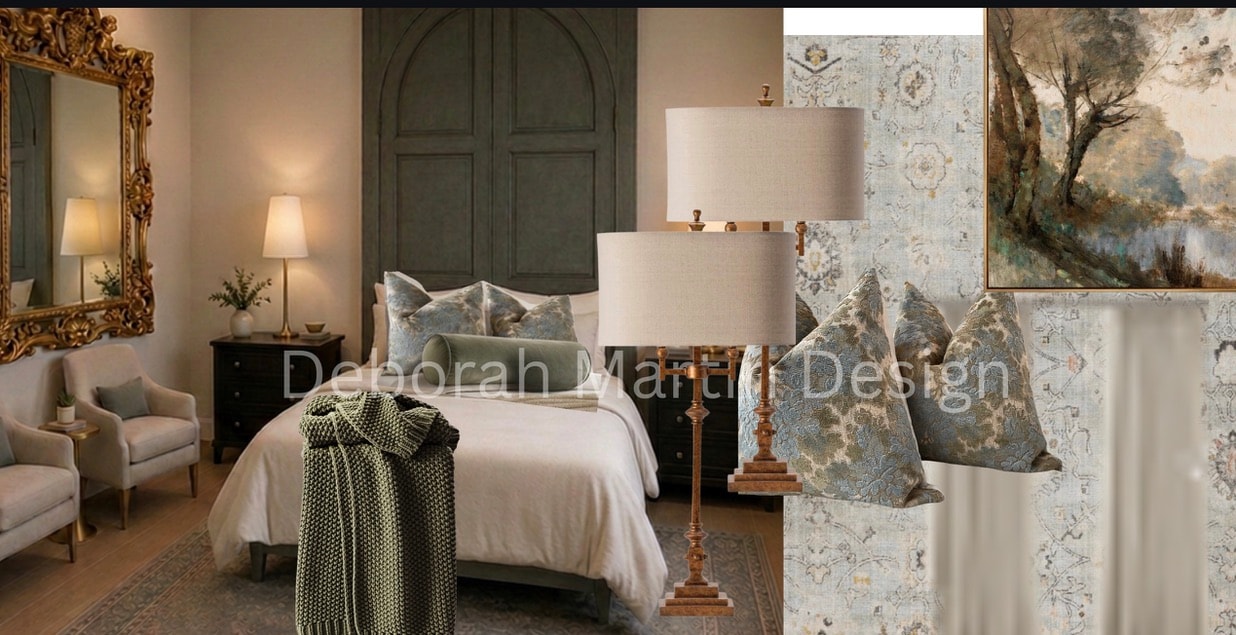 Classic bedroom with sage green arched wardrobe, gold mirror, and layered textiles
