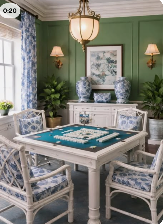 Sage green mahjong room with blue and white chinoiserie and rattan furniture