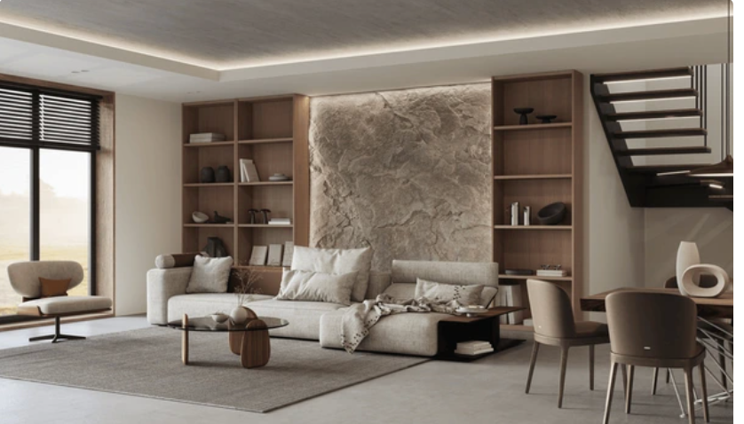 Modern neutral living room with marble stone wall, built-in shelving, and warm wood tones